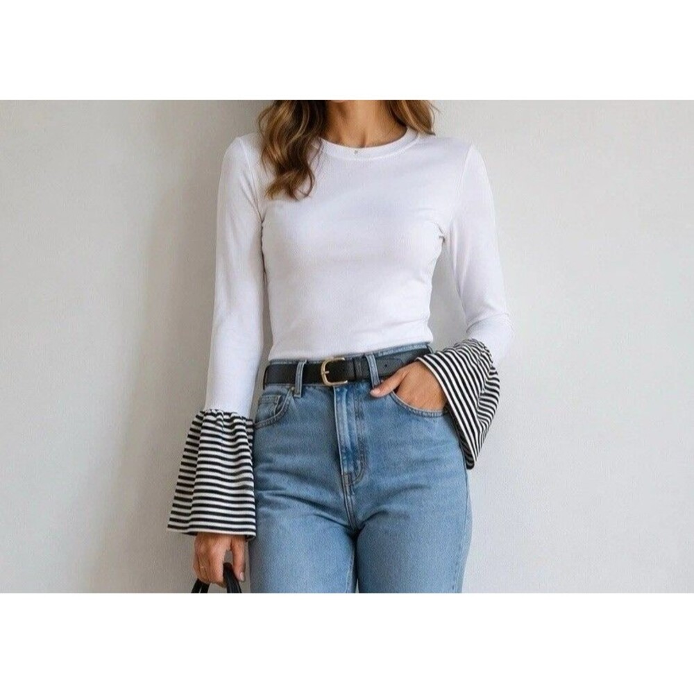 Style Mafia Women's White Blouse Striped Bell Cuffs Long Sleeve S